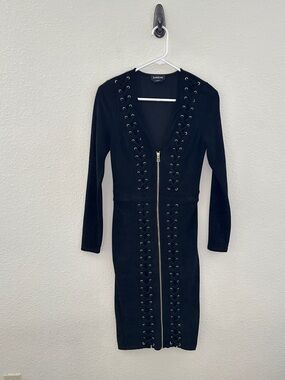 *Unavailable* bebe Sheath Dress Black Faux Suede Lace Up Zip Front Long Sleeve S